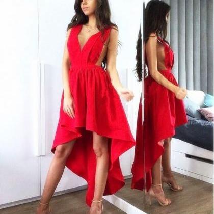A-Line Deep V-Neck Sleeveless Lace-up Burgundy Satin Homecoming Dress  PD386