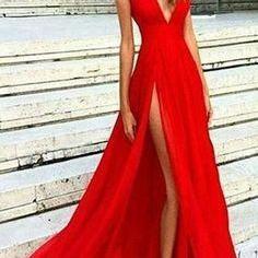 Red Chiffon Prom Dresses, Deep V Neck Party Dresses with Side Slit,4302