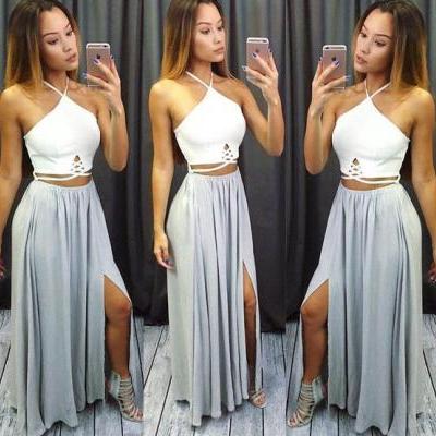 2017 Custom Made Two Pieces Prom Dress,Halter Side Slit Sexy Dress,High Quality,41314