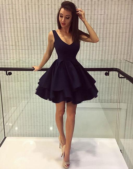 Navy Blue Simple V-Neck A-Line Homecoming Dress,Backless Short Party ...