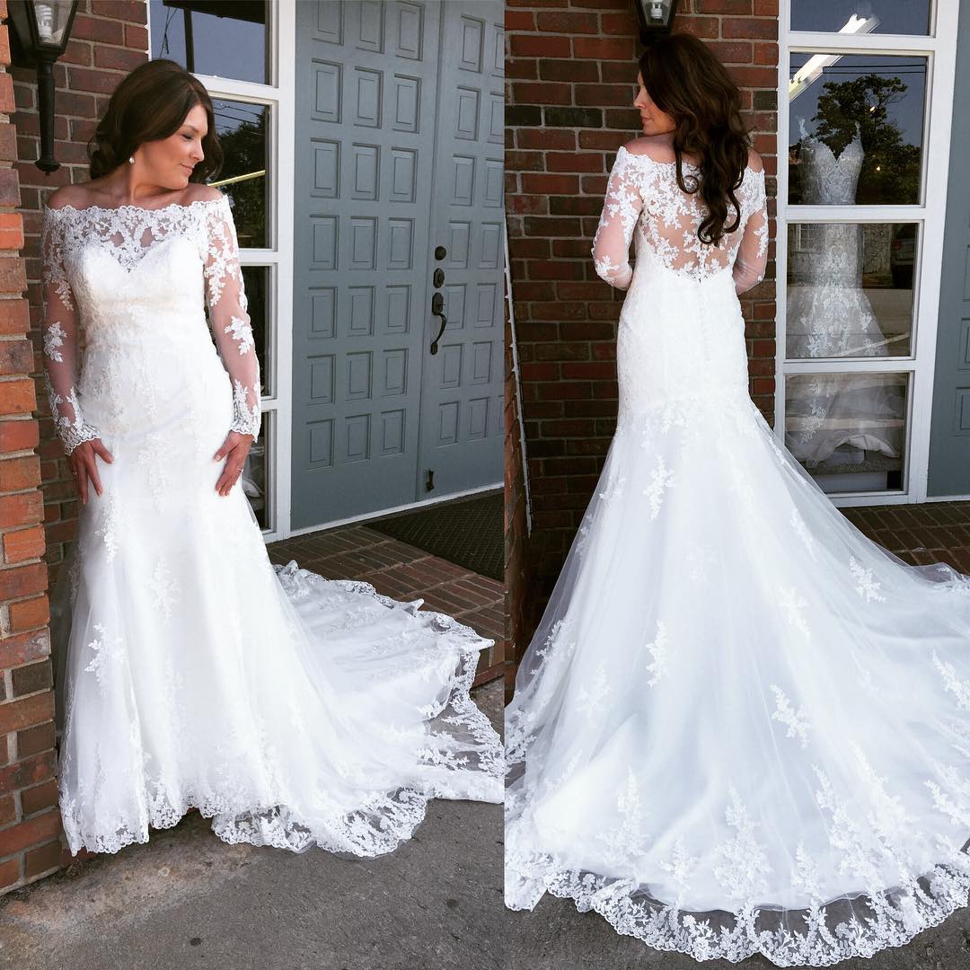 Off Shoulder White Lace Long Sleeves Mermaid Long Wedding Dress