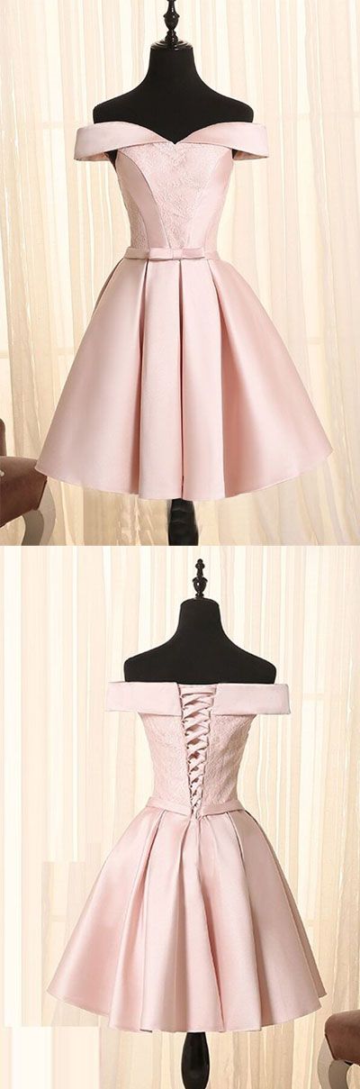A-Line Off-The-Shoulder Pink Satin Homecoming Dress With Beaded Waist main image 1