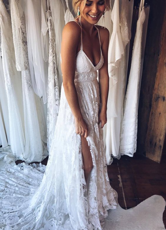 Deep V Neck A Line Wedding Dress,Sexy Lace Bridal Wedding Dresses Gown