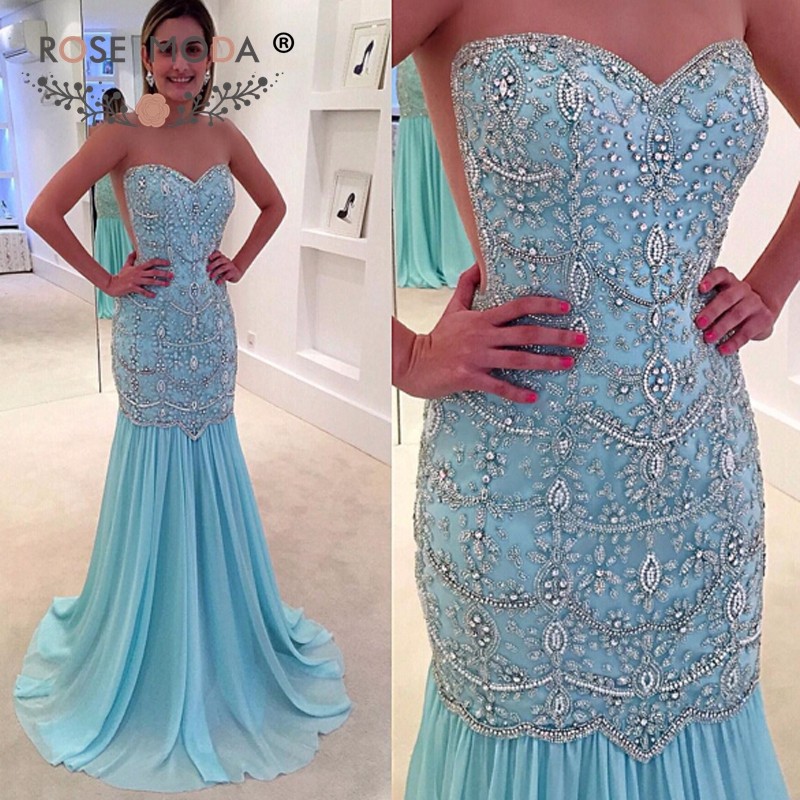 Stunning Sheer O Neck Crystal Beaded Mermaid Blue Prom Dress With See ...