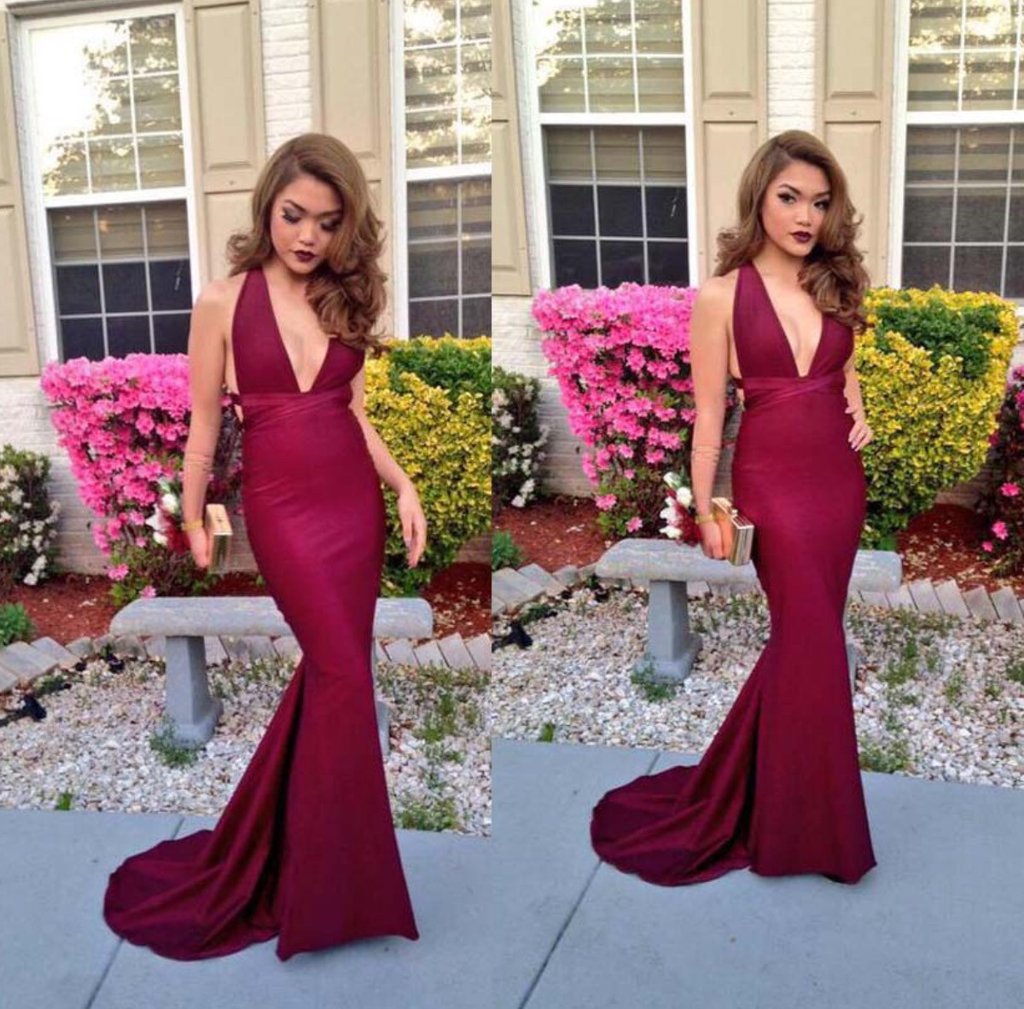 Custom Made Mermaid V Neck Backless Maroon Prom Dress, Burgundy Formal