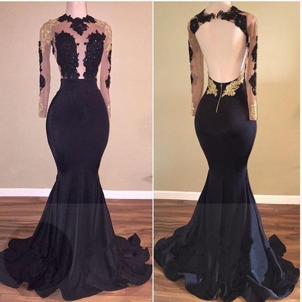 Black Lace Prom Dress, Open Back Prom Dress,Sleeve Mermaid Prom Dress