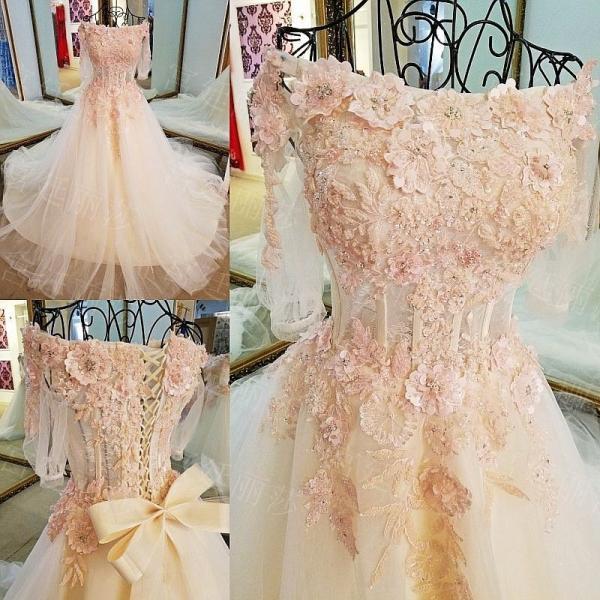 Off Shoulder V Neck Long Sleeve Tulle Prom Dress With Applique,DS3018
