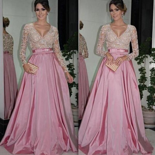 Vneck Long Sleeve Pink Lace Satin Prom Dresses,evening Dress,41237 on Luulla