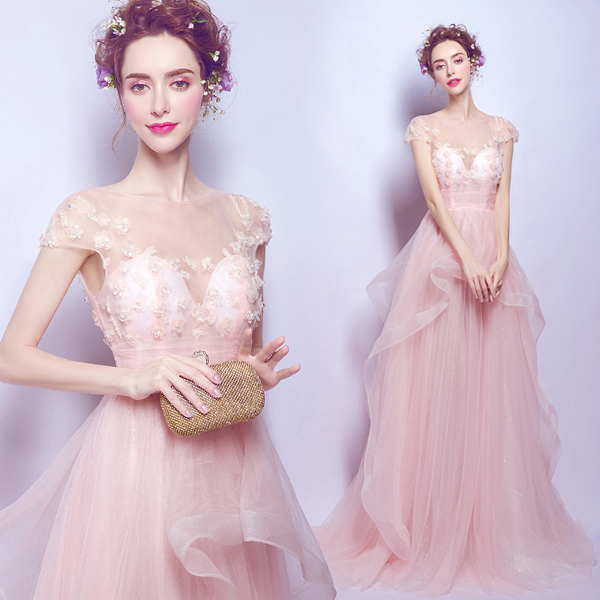 Pink Crystal Flower Princess Long Evening Dress Formal Gowns For Event ...