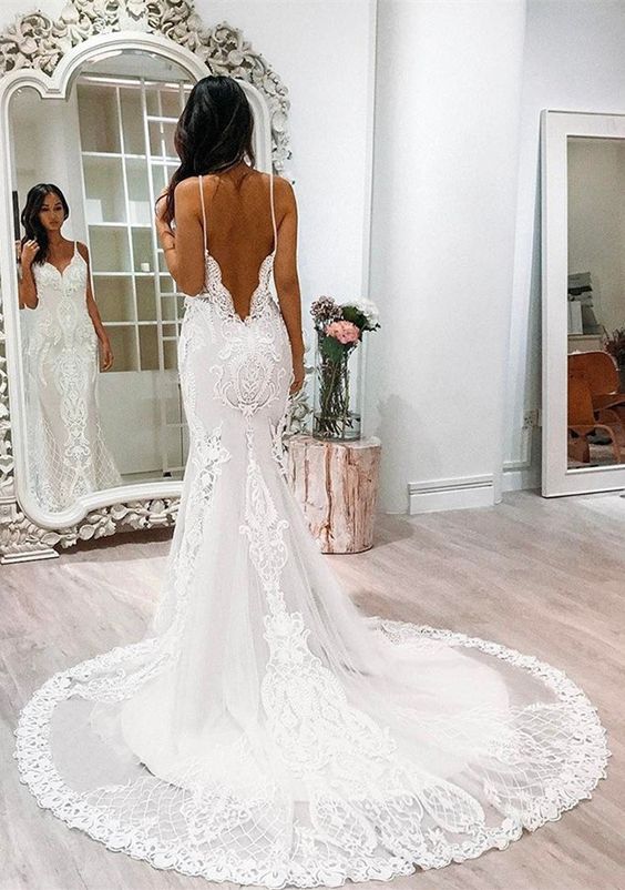 Mermaid Wedding Dress Spaghetti Straps Court Train Backless White Mermaid Wedding Dress Spaghetti Straps Court Train Backless White Tulle Liques Lace Bridal Gown Gowns 810601