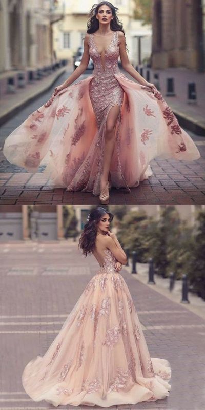 A-line Round Neck Sweep Train Pink Tulle Prom Dress With Lace Appliques ...