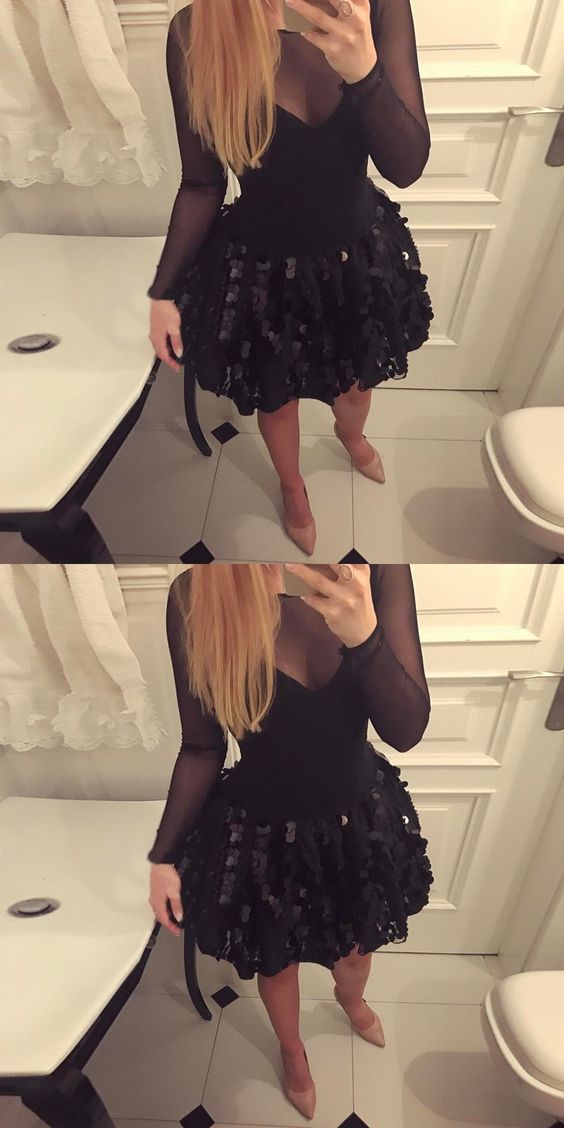 A-Line Round Neck Long Sheer Sleeves Black Sequined Short Homecoming ...