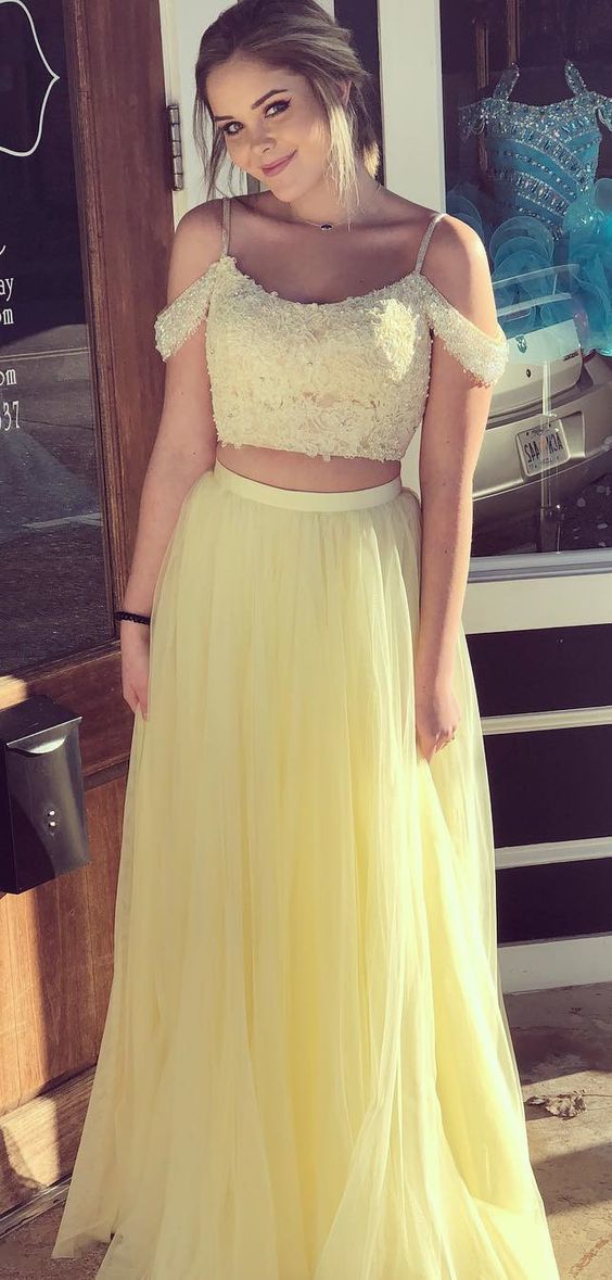 Princess Two Piece Yellow Long Prom Dress A Line Tulle Party Dress