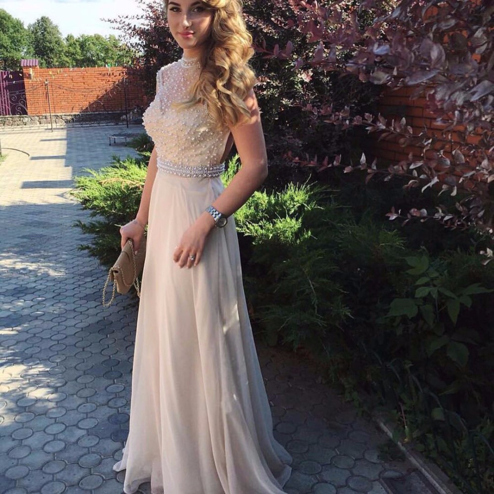Sparkly High Neck Long Champagne A Line Pearls Prom Dresses 2017 ...