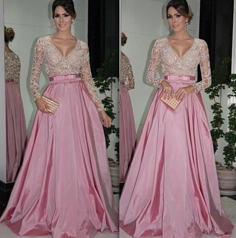 Vneck Long Sleeve Pink Lace Satin Prom Dresses,evening Dress,41237 on