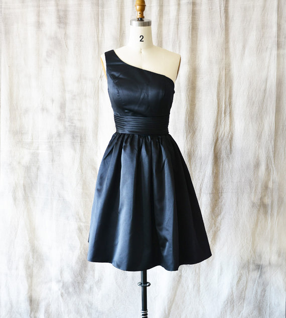 One Shoulder Navy Blue Satin Homecoming Dresses With Ruched Waistline ...
