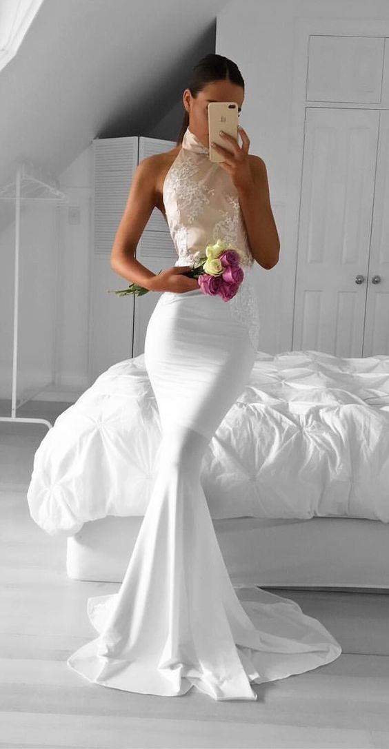 Mermaid Prom Dresses,White Prom Dresses,Halte Prom Dresses,Elegant ...